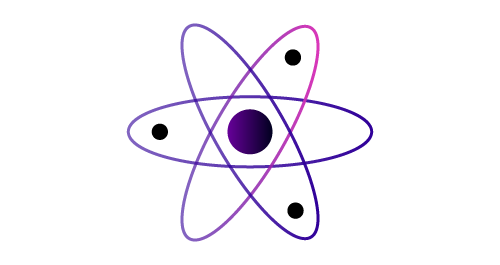 Stylised atom with three orbiting paths around a central circle.
