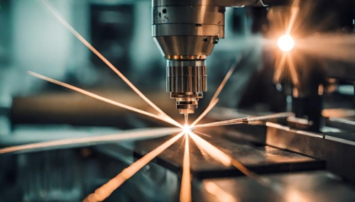 Close-up of a laser processing machine working on a metal surface, with beams of light converging 
